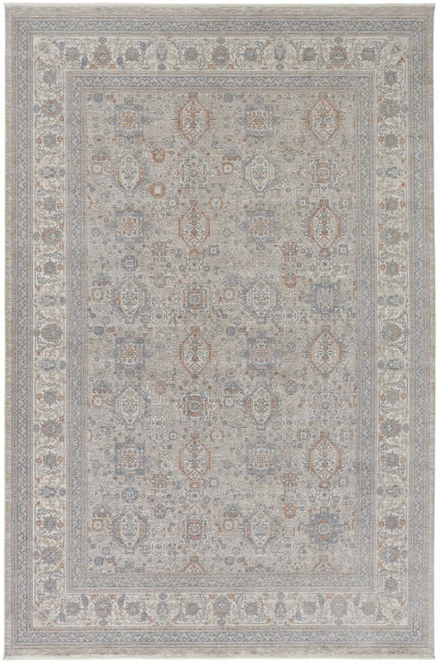 7' X 10' Silver Taupe and Blue Oriental Power Loom Worn Faded Area Rug With Fringe